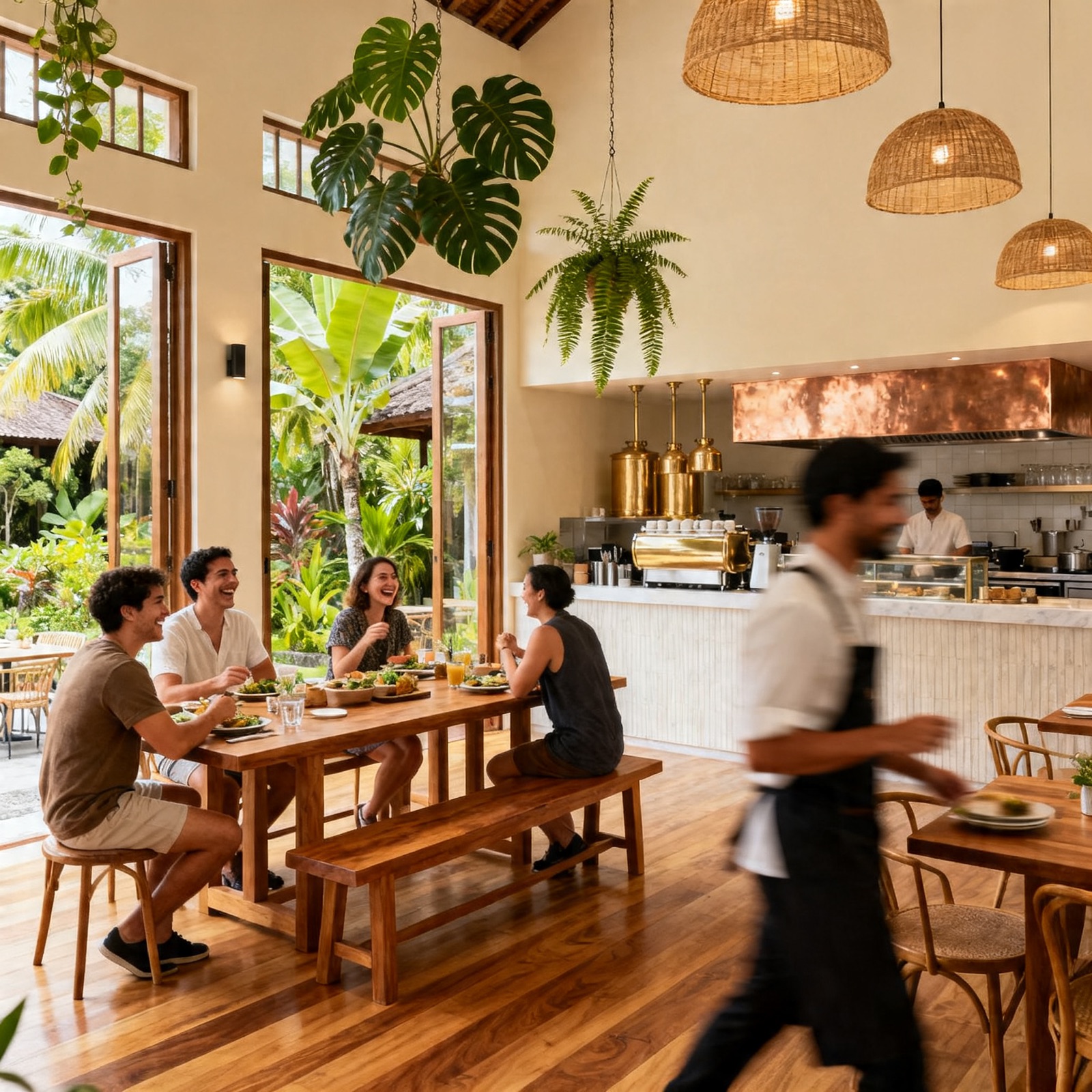 Inside a nüde café — people, plants, warm light